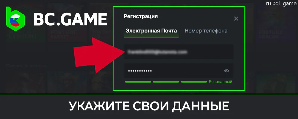 Введите свой пароль и электронную почту, чтобы зарегистрироваться на BC.Game